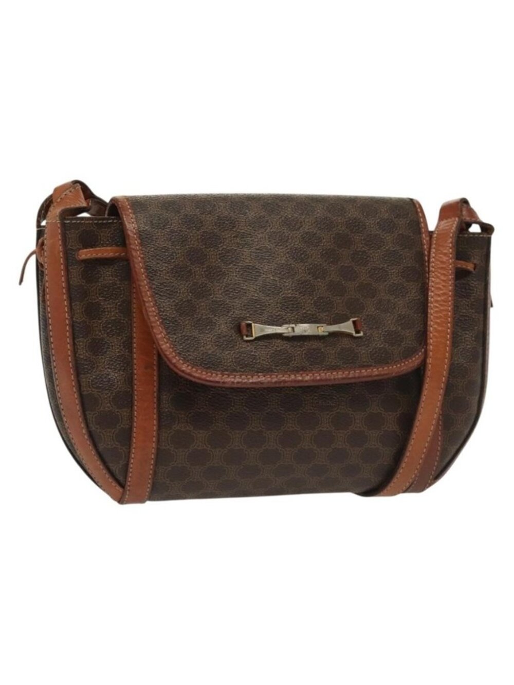 Authentic CELINE Macadam Canvas Shoulder Bag PVC Leather Brown Gold